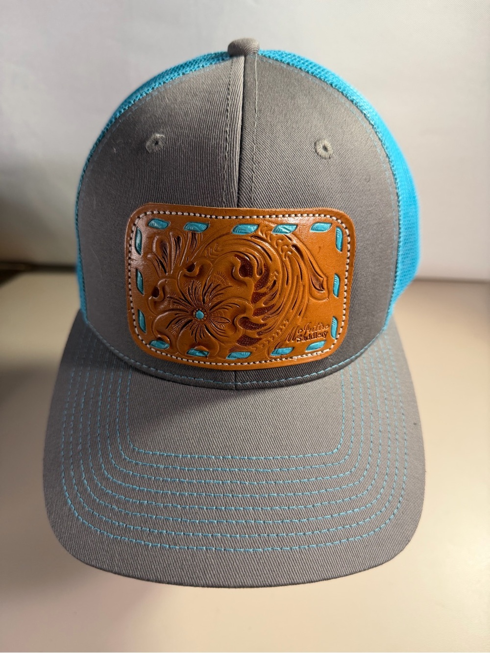 Teal/ Grey Mcintire Saddlery Natural Tooled Cap  teal stitching adjustable